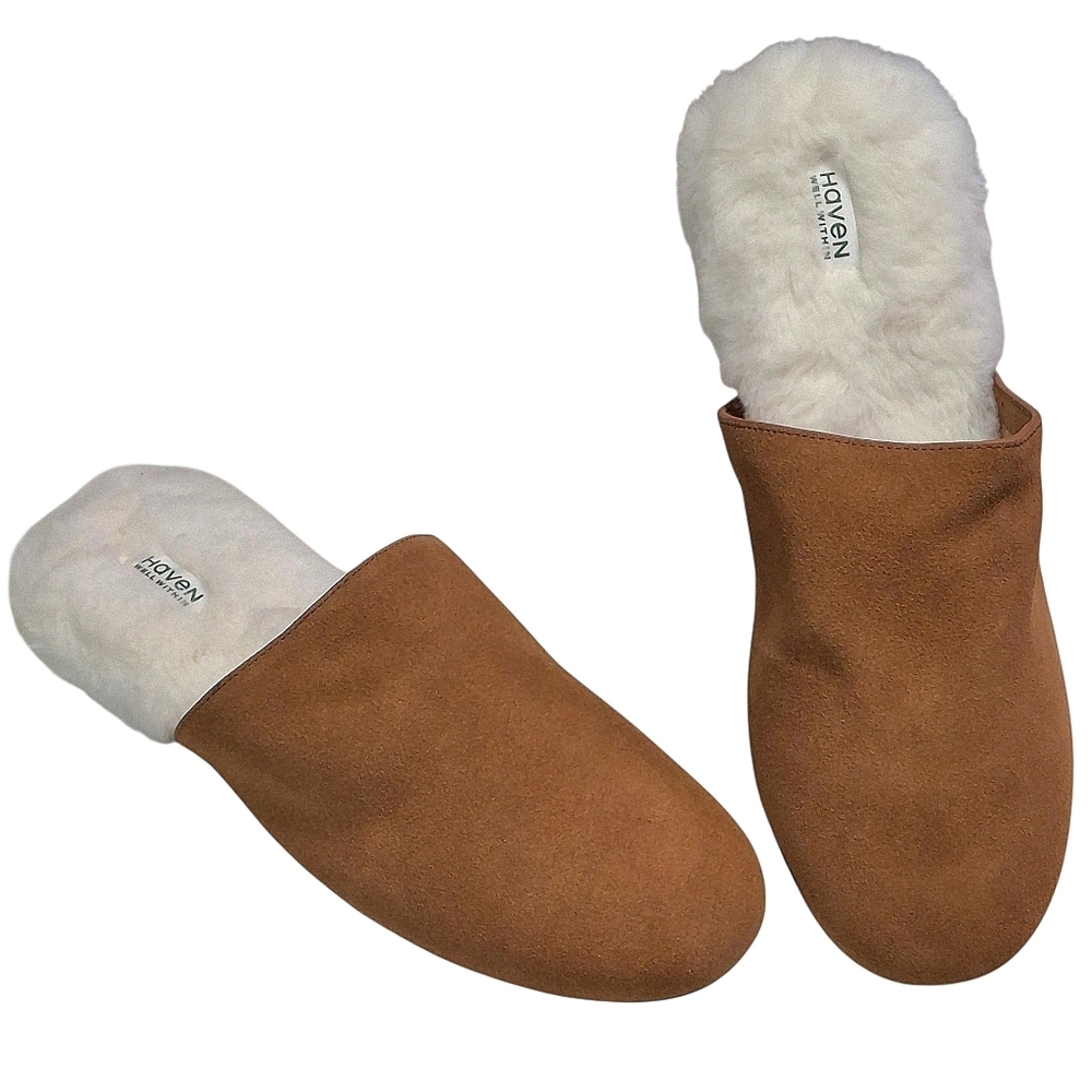 Haven Well Within Leather Brown Slippers Faux-Fur Lining Slides Women Size 9